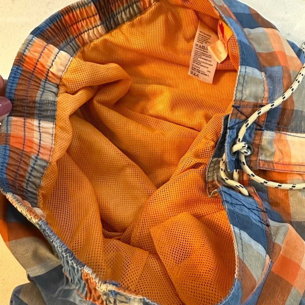 Tommy Bahama Blue-Orange-Khaki Plaid Swim Trunks‎ shorts in Size medium